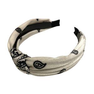 White Bandana Print Soft Velveteen Fabric Fashion Headband w/ Top Knot
